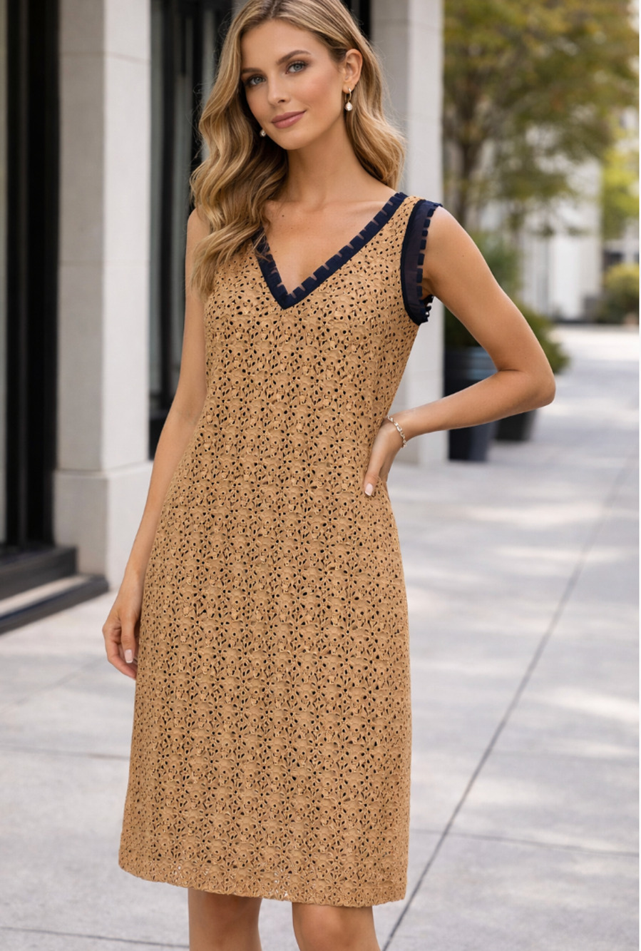 Eyelet Mini Dress Contrast Silk lining ruffle v neck Romantic chic parisian Sz-S